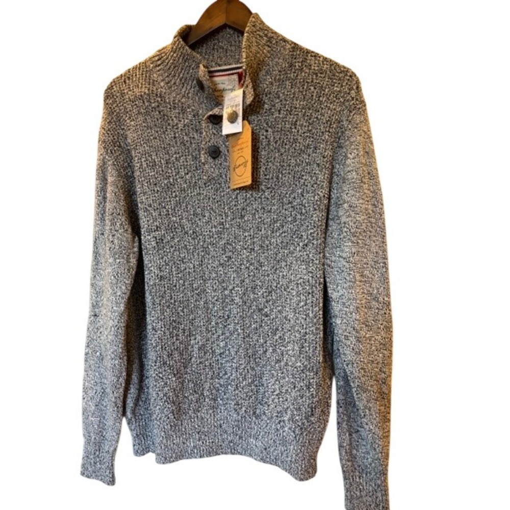 Weatherproof Vintage Men's Black Marl Cotton Button Mock Neck Sweater L NWT